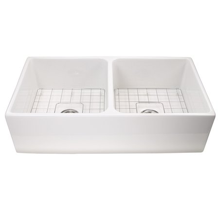 NANTUCKET SINKS 36 Inch Double Bowl Farmhouse Fireclay Sink with Drains and Grids T-FCFS36-DBL